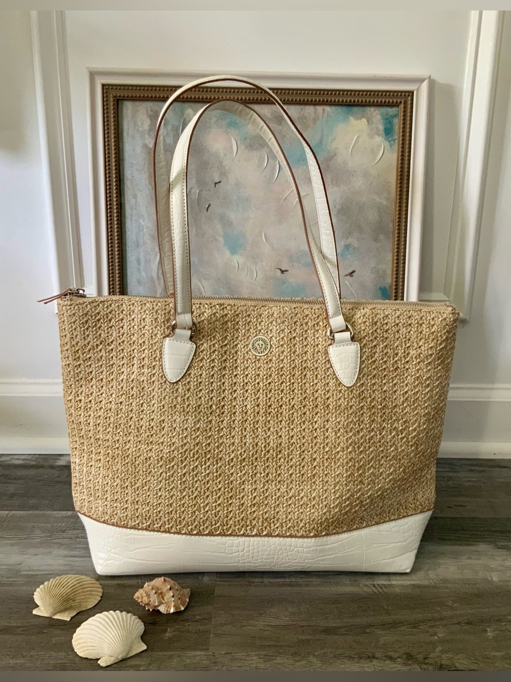 Anne Klein Straw Tote Bag White Croc Trim Coastal Resort Shoulder Bag
